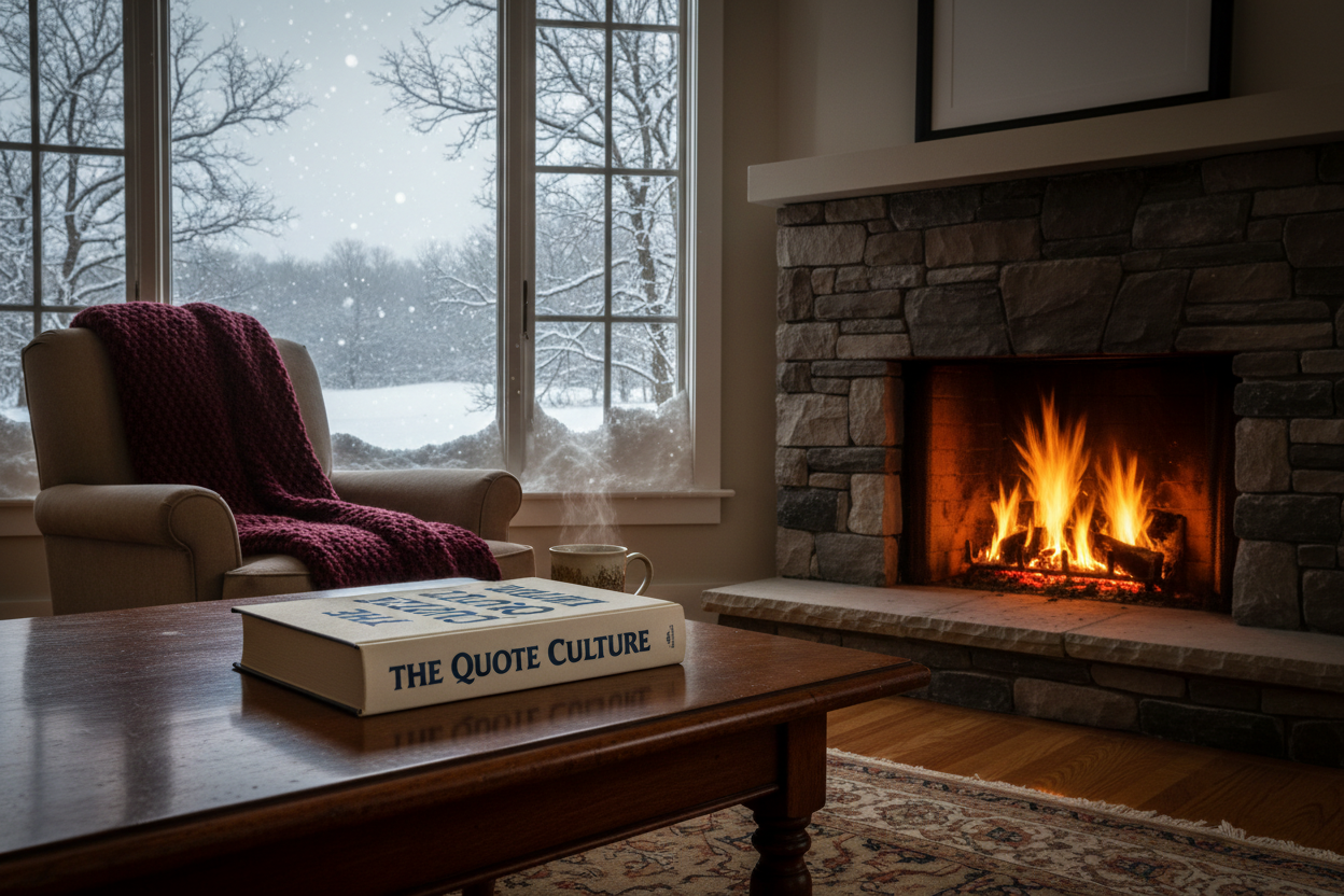 a book named "the quote culture" on a coffee table next to a fireplace and harsh winter visible at the window next to a fireplace, 